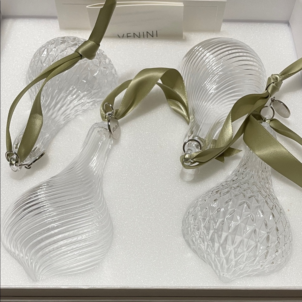 Venini Crystal Glass Ornaments with Olive Ribbon